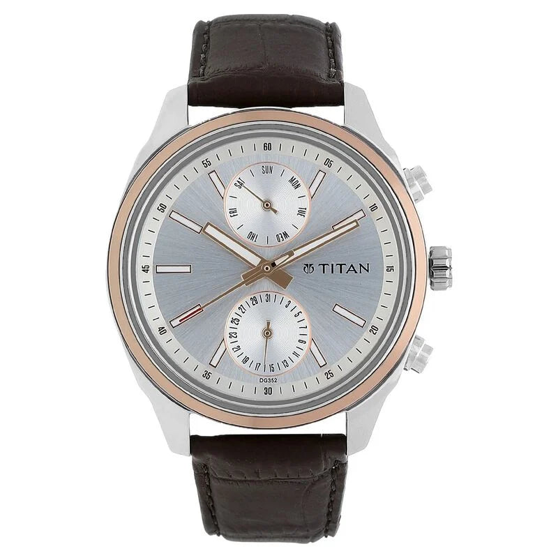 Titan Quartz Multifunction Silver Dial Leather Strap Watch for Men 1733KL02