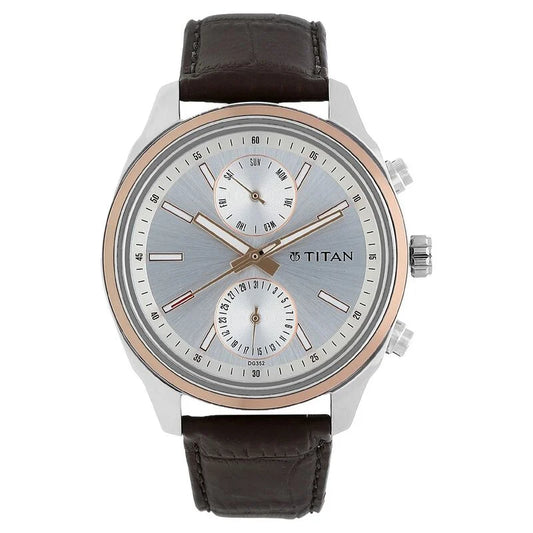 Titan Quartz Multifunction Silver Dial Leather Strap Watch for Men 1733KL02