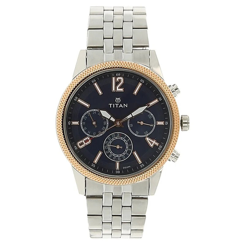 Titan Men's Metropolitan Luxe: Multifunction blue Dial with Two-Tone Stainless Steel Bracelet Watch 1734KM01