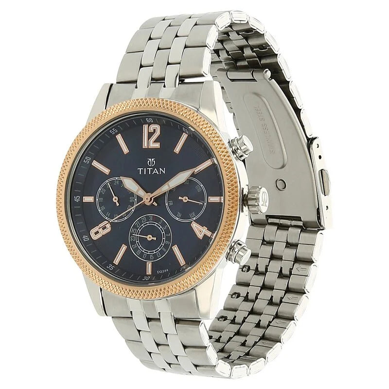 Titan Men's Metropolitan Luxe: Multifunction blue Dial with Two-Tone Stainless Steel Bracelet Watch 1734KM01