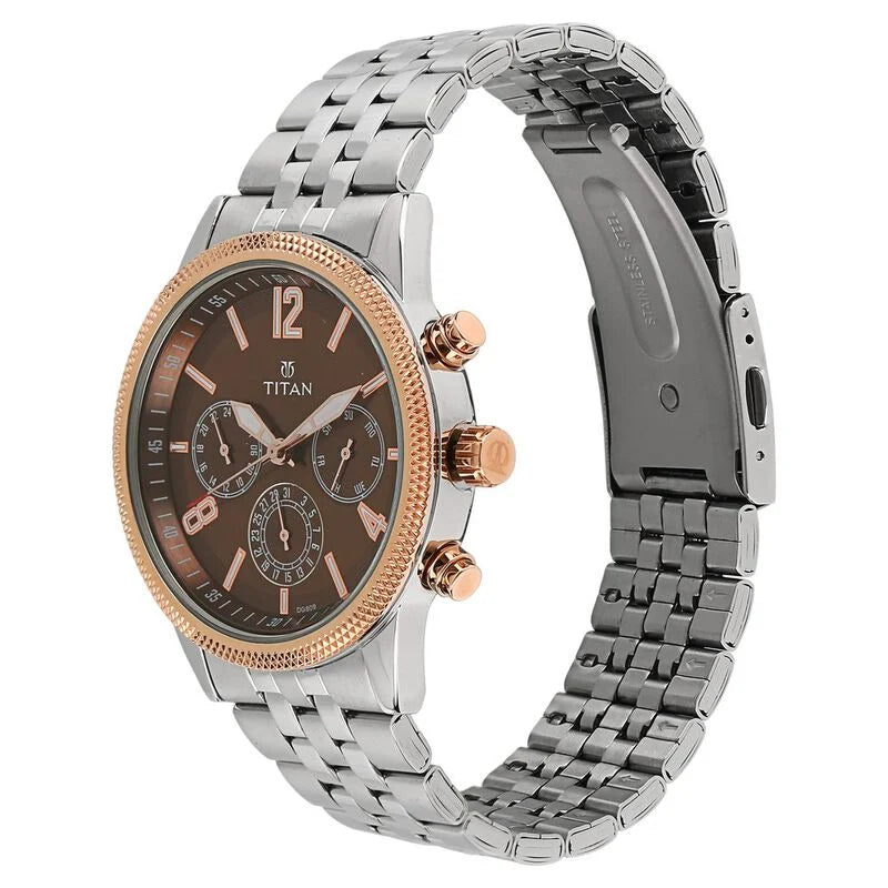 Titan Workwear Quartz Multifunction Brown Dial Stainless Steel Strap watch for Men 1734KM03