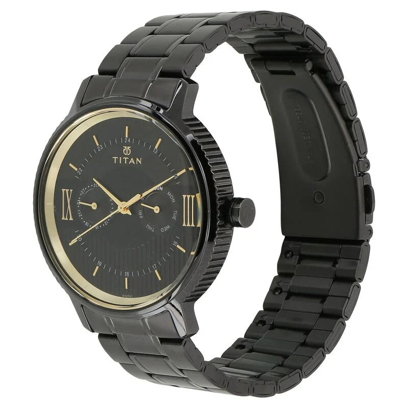 Titan Regalia Baron Black Dial Analog with Day and Date Stainless Steel Strap Watch for Men 1743NM01 - KRISHNA WATCH COMPANY