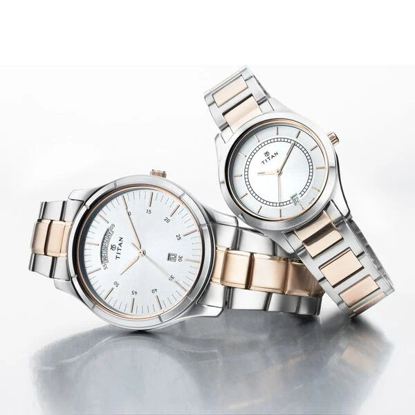 Titan Bandhan Quartz Analog with Day and Date Silver Dial Stainless Steel Strap Watch for Couple 17672596KM01