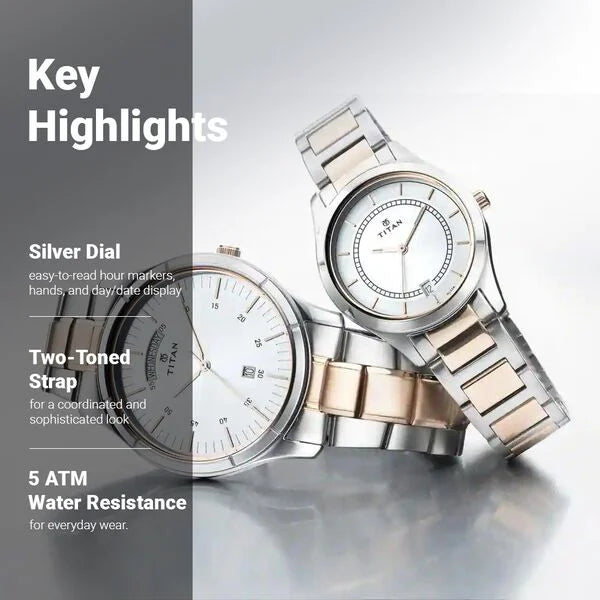 Titan Bandhan Quartz Analog with Day and Date Silver Dial Stainless Steel Strap Watch for Couple 17672596KM01