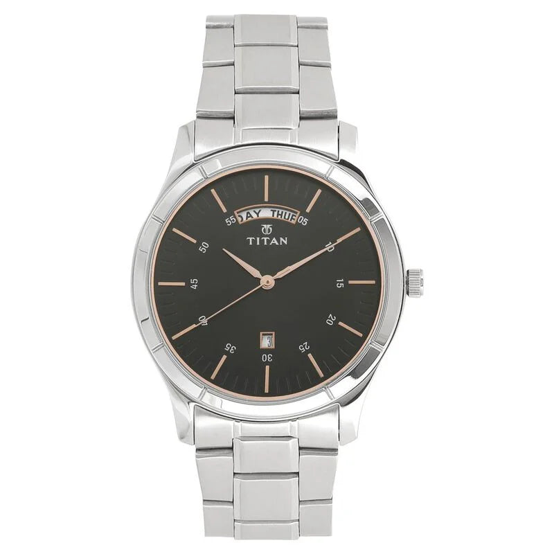 Titan Workwear Black Dial Analog with Day and Date Stainless Steel Strap watch for Men 1767SM02