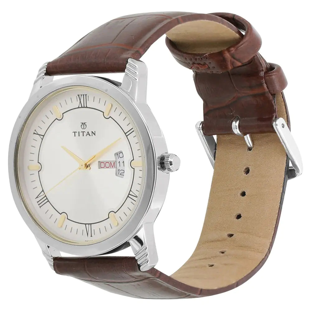TITAN Silver Dial Brown Leather Strap Watch 1774SL01 DH363
