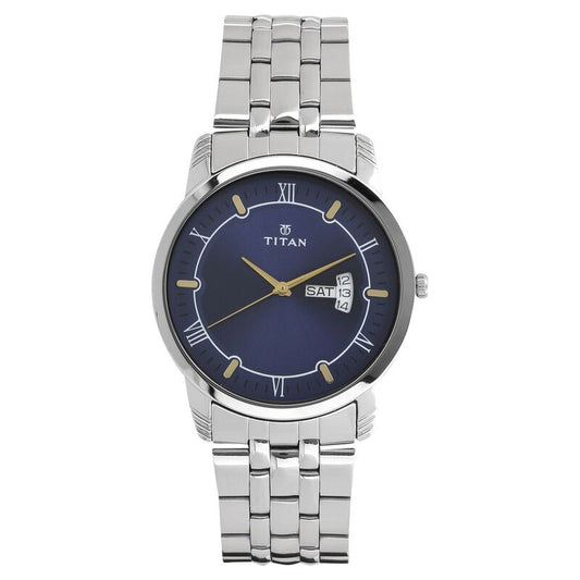 Titan Analog with Day and Date Blue Dial Stainless Steel Strap watch for Men 1774SM01