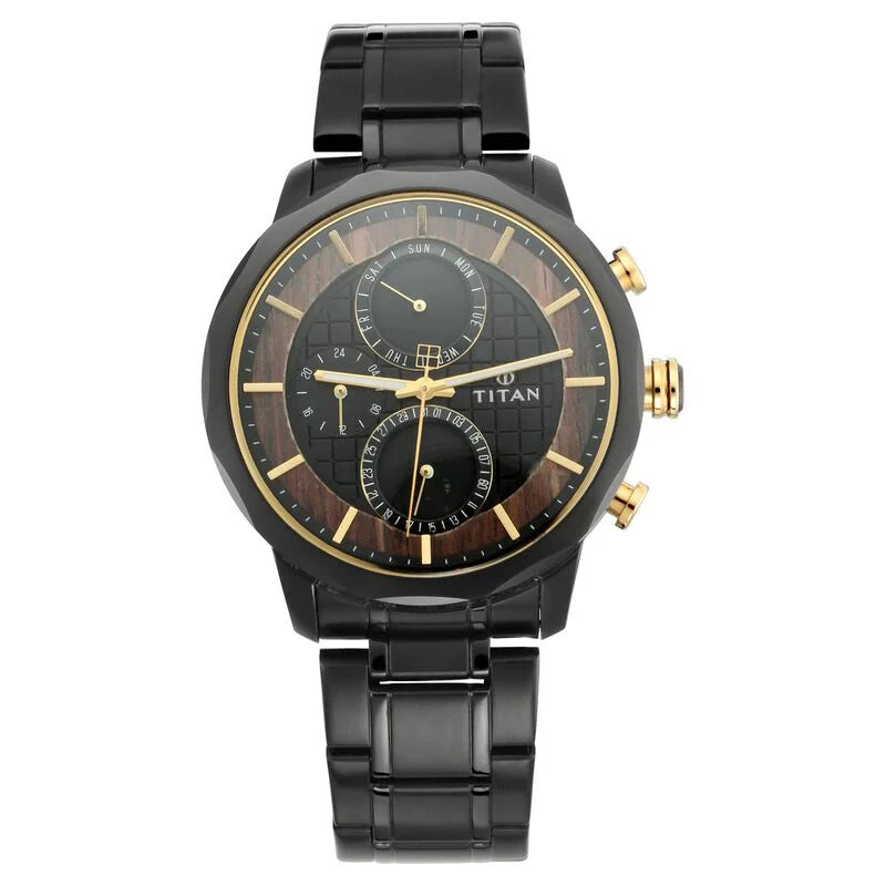 Titan Quartz Multifunction Black Dial Metal Strap Watch for Men 1789KM02