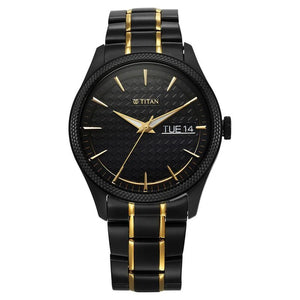 Titan Regalia Opulent Quartz Analog with Day and Date Black Dial Two Toned Stainless Steel Strap Watch for Men 1805KM10 - KRISHNA WATCH COMPANY