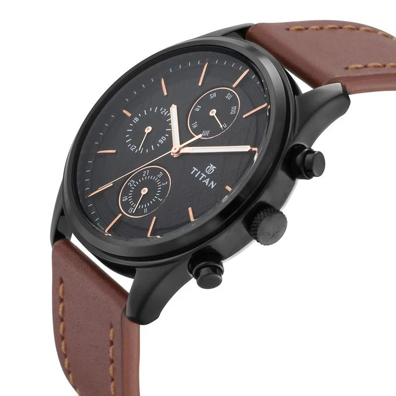 Titan Men's Metropolitan Charm: Men's Multifunctional Black Watch with Leather Strap 1805NL01