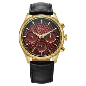Titan Regalia Opulent Quartz Analog with Day and Date Red Dial Black Leather Strap Watch for Men 1805YL01 - KRISHNA WATCH COMPANY