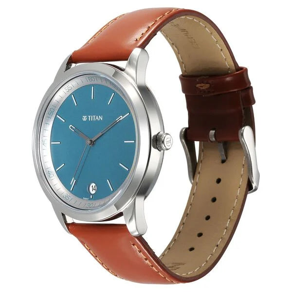 Titan Wrist Wit Quartz Analog with Date Blue Dial Leather Strap Watch for Men 1806SL12