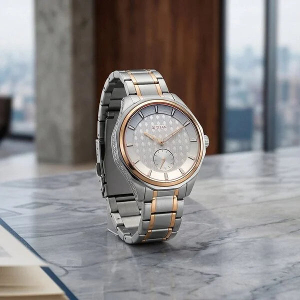 Titan Regalia Opulent Offset Second Hand White Dial Rose Gold Bimetal Strap Watch For Men 1829km08
