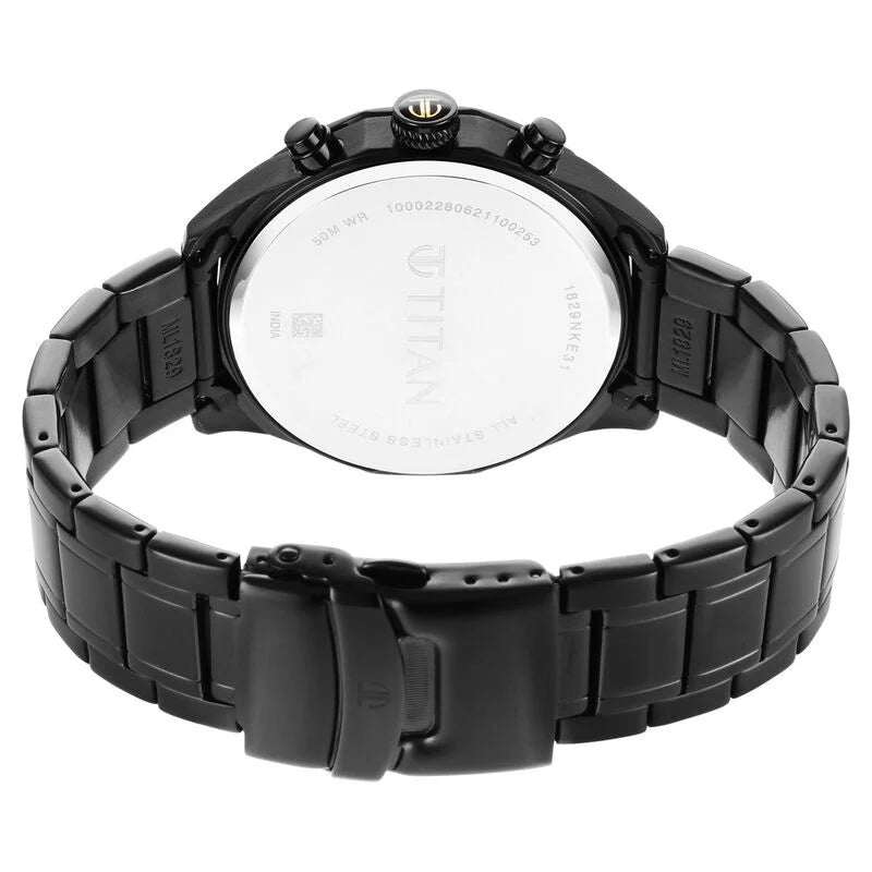 Titan Quartz Multifunction Black Dial Stainless Steel Strap Watch for Men 1829NM02