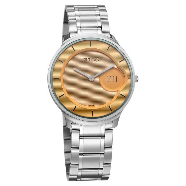 Titan Edge Murals Quartz Analog Yellow Dial Stainless Steel Strap Watch For Men 1843sm05