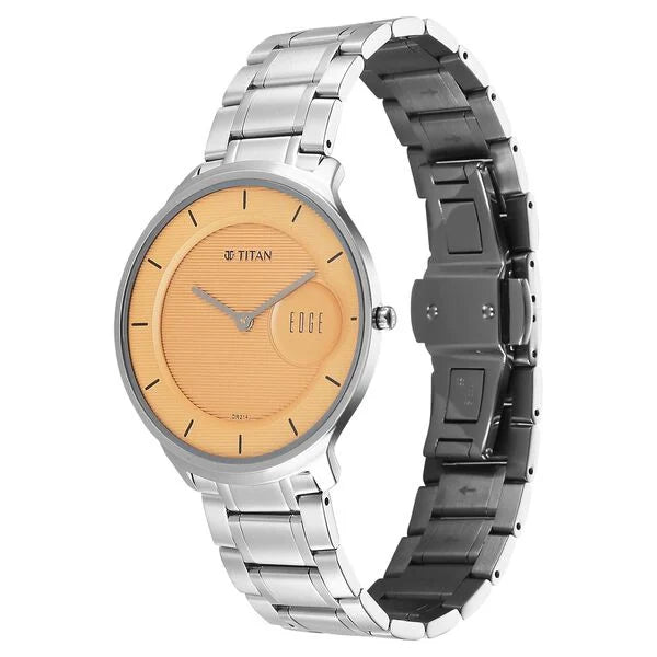 Titan Edge Murals Quartz Analog Yellow Dial Stainless Steel Strap Watch For Men 1843sm05