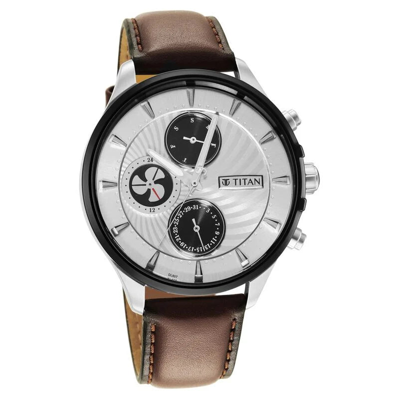 Titan Maritime White Dial Quartz Multifunction Leather Strap Watch for Men / 1873KL01