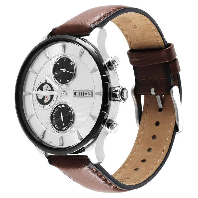 Titan Maritime White Dial Quartz Multifunction Leather Strap Watch for Men / 1873KL01