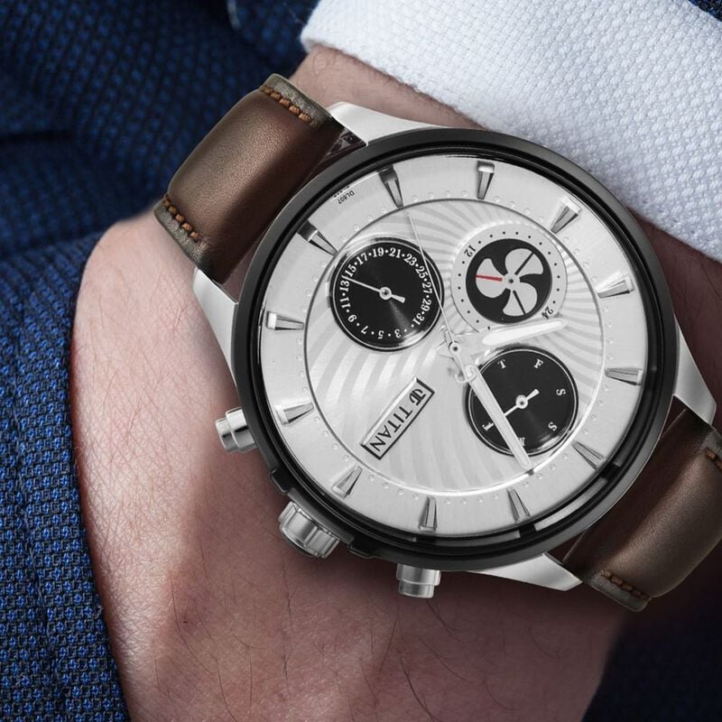 Titan Maritime White Dial Quartz Multifunction Leather Strap Watch for Men / 1873KL01