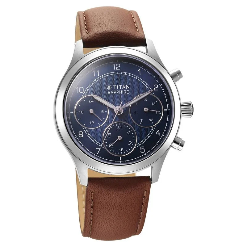 Titan Sapphire Quartz Multifunction Blue Dial Leather Strap Watch for KRISHNA WATCH COMPANY