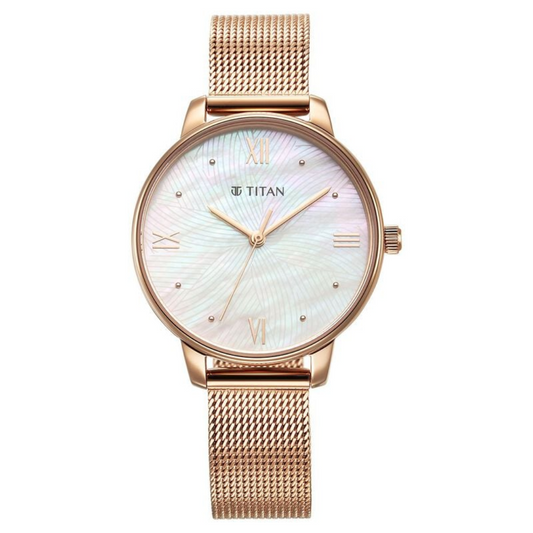 Titan Purple Style Up Quartz Analog Mother Of Pearl Dial Stainless Steel Strap Watch for Women 95238WM01
