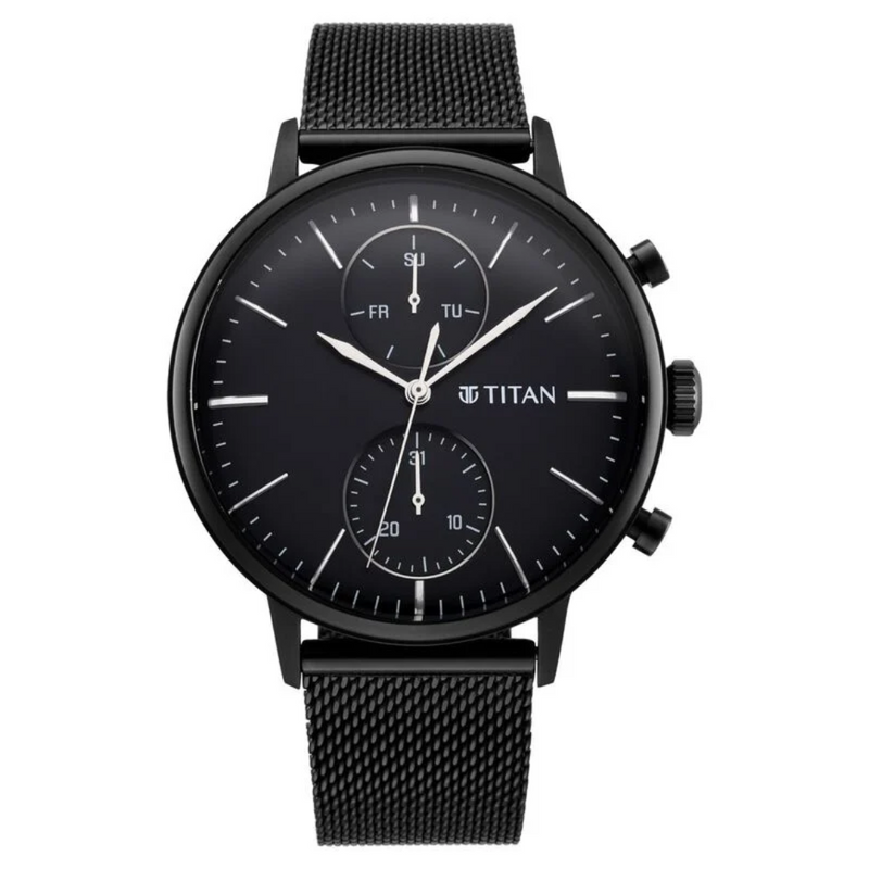 Titan Light Leathers Black Dial Quartz Multifunction Stainless Steel Strap Watch for Men 90135NM01 - KRISHNA WATCH COMPANY