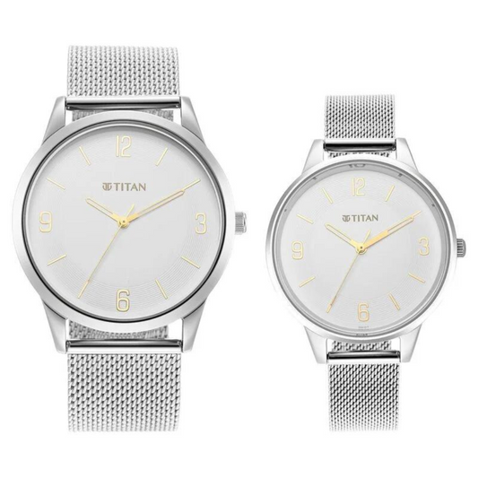 Titan Quartz Analog White Dial Stainless Steel Strap Watch for Couple 18062648SM01