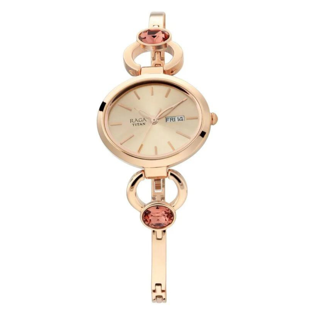 Titan Raga Viva Rose Gold Dial Analog with Day and Date Metal Strap Watch for Women 2621WM01