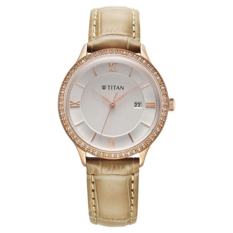 Titan Bright Leathers Silver Dial Analog with Date Leather Strap Watch for Women 95247WL04
