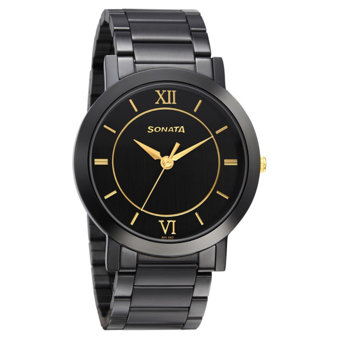 Sonata Beyond Gold Black Dial Metal Strap Watch 77108KM01