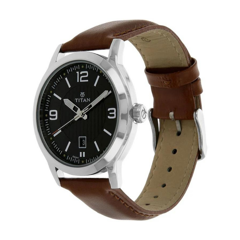 Titan Black Dial Brown Leather Strap Watch NP1730SL02