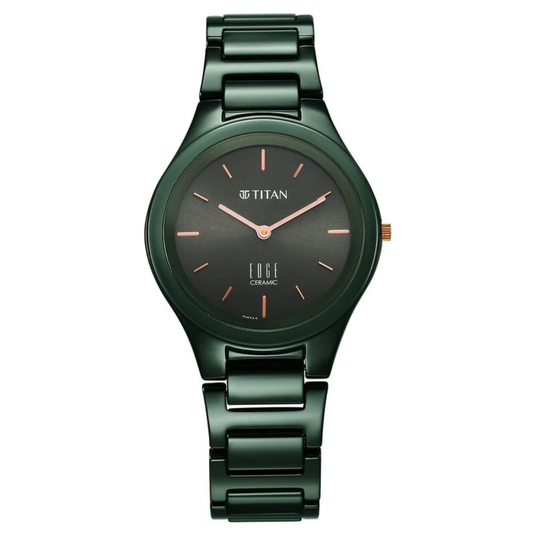 Titan Edge Ceramic Quartz Analog Green Dial Ceramic Strap Watch for Women 2653QC06