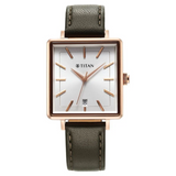 Titan Minimalists Quartz Analog with Date Silver Dial Black Leather Strap Watch for Women 94205WL02