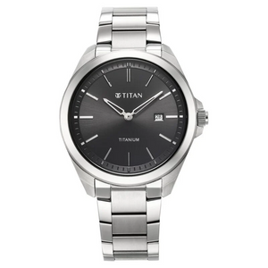 Titan Titanium Quartz Analog Black Dial Stainless Steel Strap Watch for Men 90177TM03 - KRISHNA WATCH COMPANY