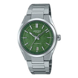 Casio Edifice watch with green dial and silver metal strap on a white background
