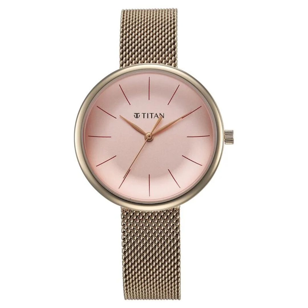 Titan Slimline Quartz Analog Pink Dial Rose Gold Stainless Steel Strap Watch for Women 95182WM01