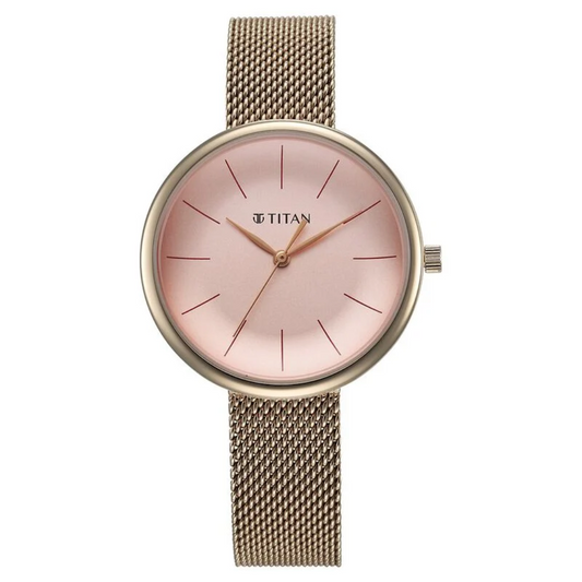 Titan Slimline Quartz Analog Pink Dial Rose Gold Stainless Steel Strap Watch for Women 95182WM01