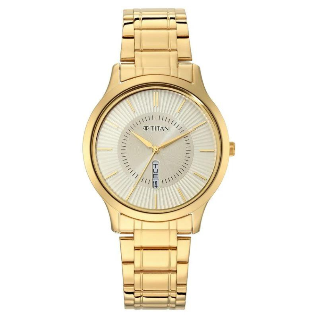 Titan Quartz Analog with Day and Date Yellow Dial Metal Strap Watch for Men 1845YM01