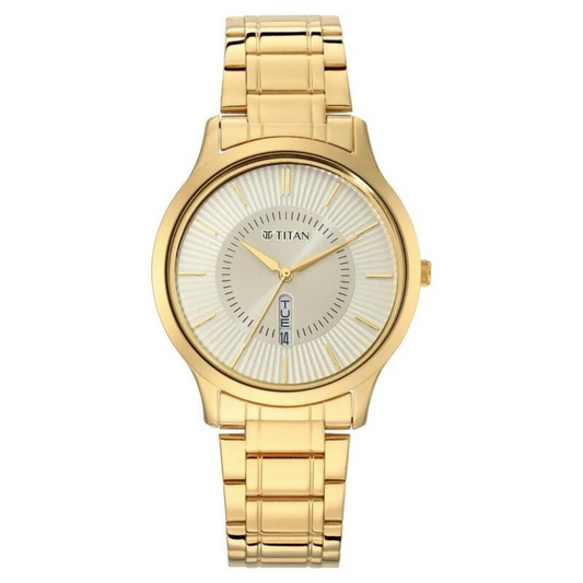 Titan Quartz Analog with Day and Date Yellow Dial Metal Strap Watch for Men 1845YM01