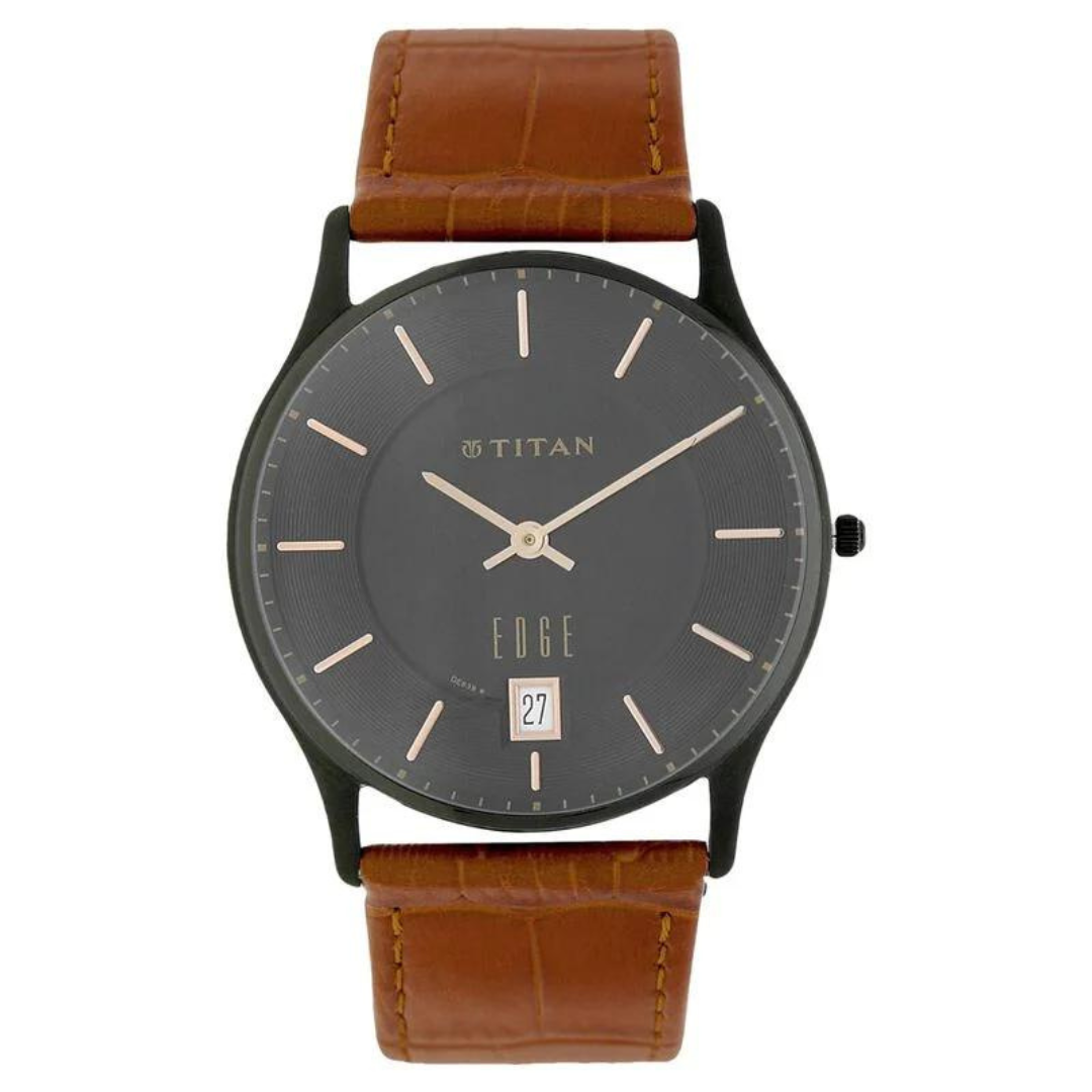 Titan Edge Grey Dial Analog with Date Leather Strap watch for Men - 1683NL01