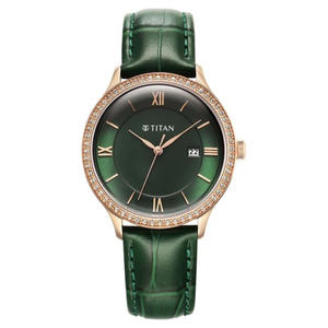 Titan Bright Leathers Green Dial Analog with Date Leather Strap Watch for Women 95247WL02 / NS95247WL02 - KRISHNA WATCH COMPANY