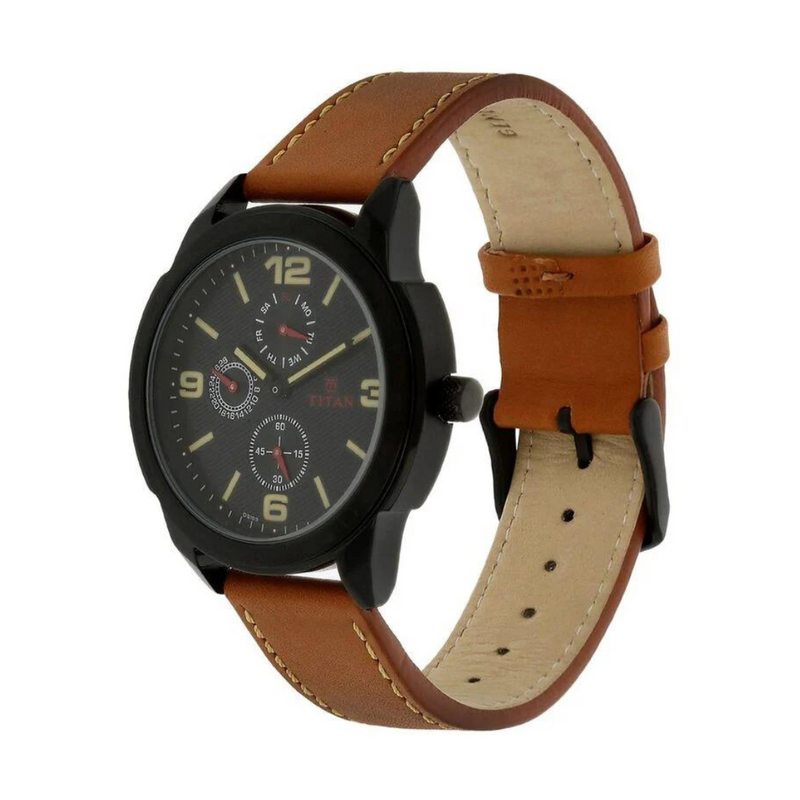TITAN Black Dial Brown Leather Strap Watch 1585NL01