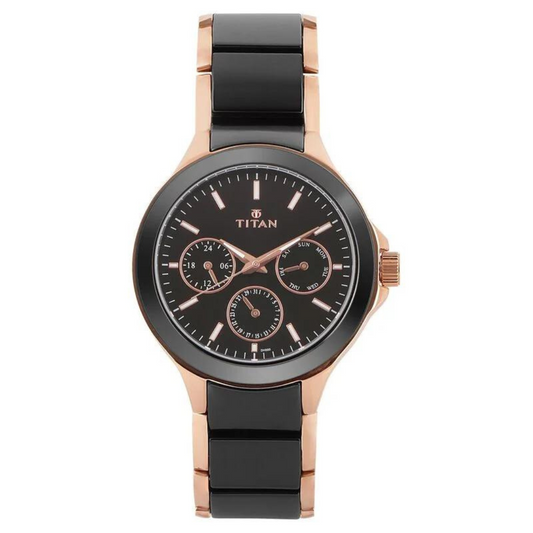 Titan Quartz Multifunction Black Dial Stainless Steel & Ceramic Strap Watch for Men 90089KD02