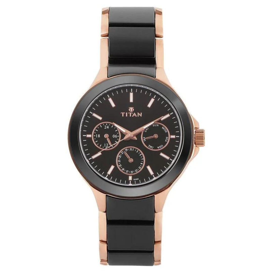 Titan Quartz Multifunction Black Dial Stainless Steel & Ceramic Strap Watch for Men 90089KD02