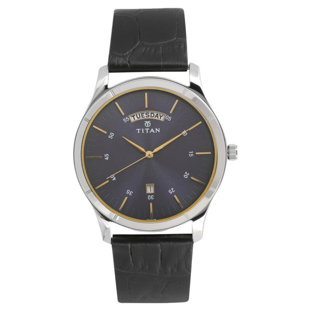 Titan Workwear Blue Dial Analog with Day and Date Leather Strap watch for Men 1767SL03