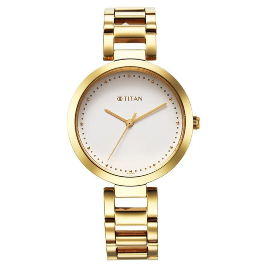 Titan Workwear Quartz Analog White Dial Golden Stainless Steel Strap Watch for Women 2480YM03