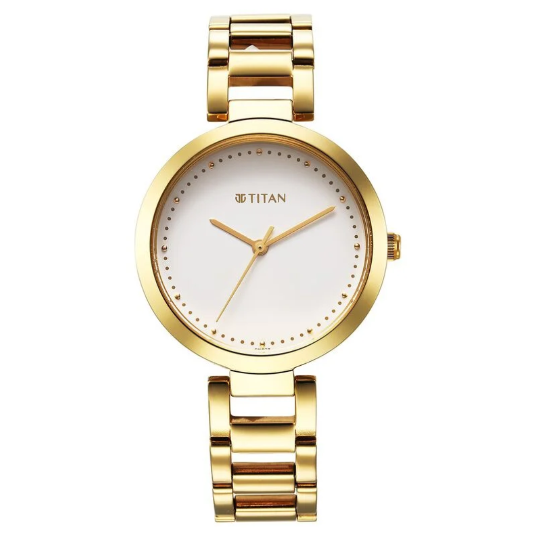 Titan Workwear Quartz Analog White Dial Golden Stainless Steel Strap Watch for Women 2480YM03