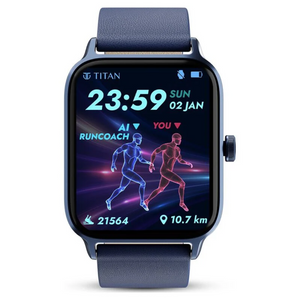 Titan Traveller with 4.52 cm AMOLED Display, BT Calling, India's First FitVerse Smartwatch with Blue Leather Strap 90166AP02 - KRISHNA WATCH COMPANY
