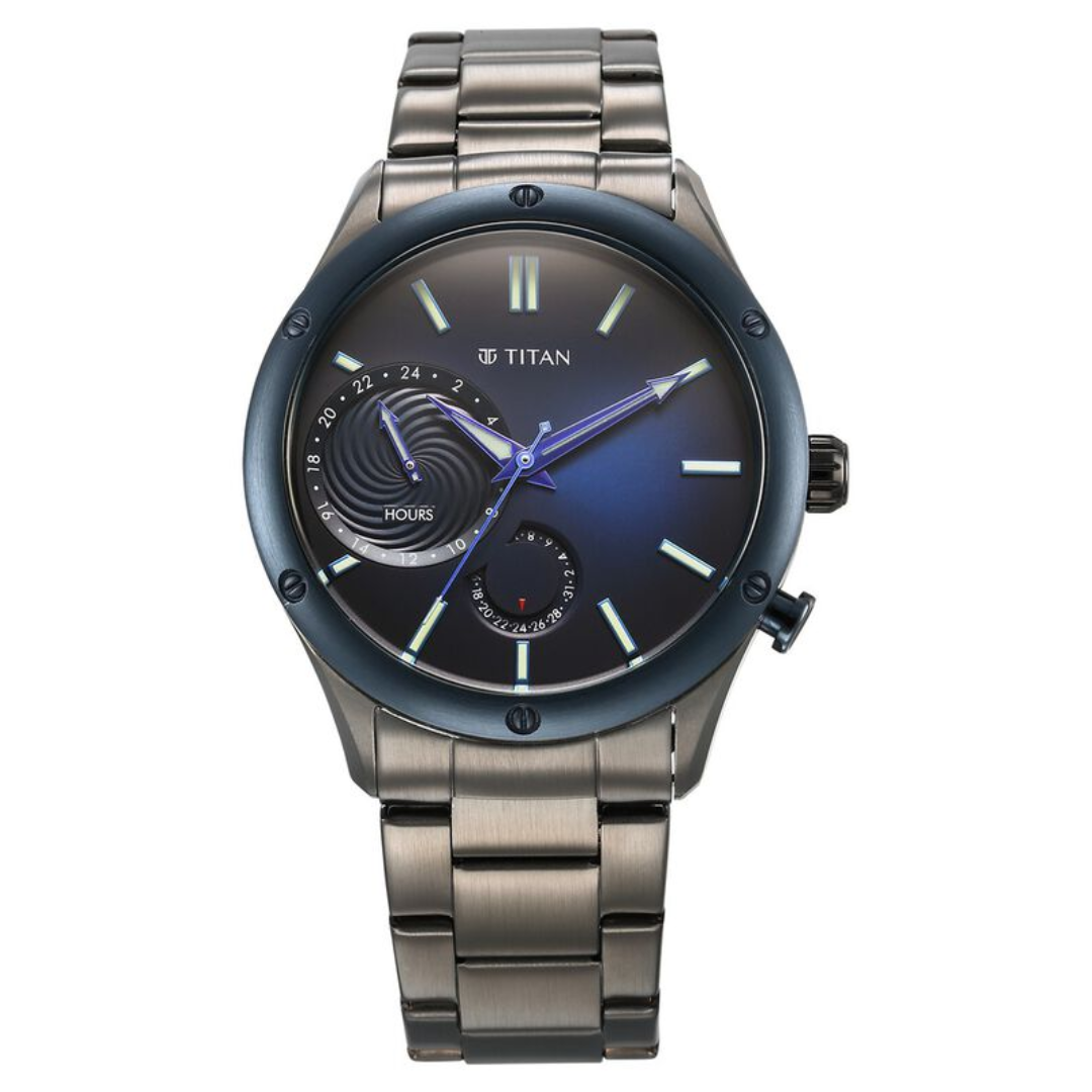Titan Stellar Quartz Multifunction Blue Dial Stainless Steel Strap Watch for Men 10009KM01