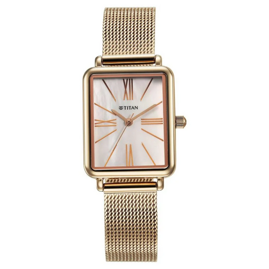 Titan Slimline Quartz Analog Mother Of Pearl Dial Rose Gold Stainless Steel Strap Watch for Women 95181WM01